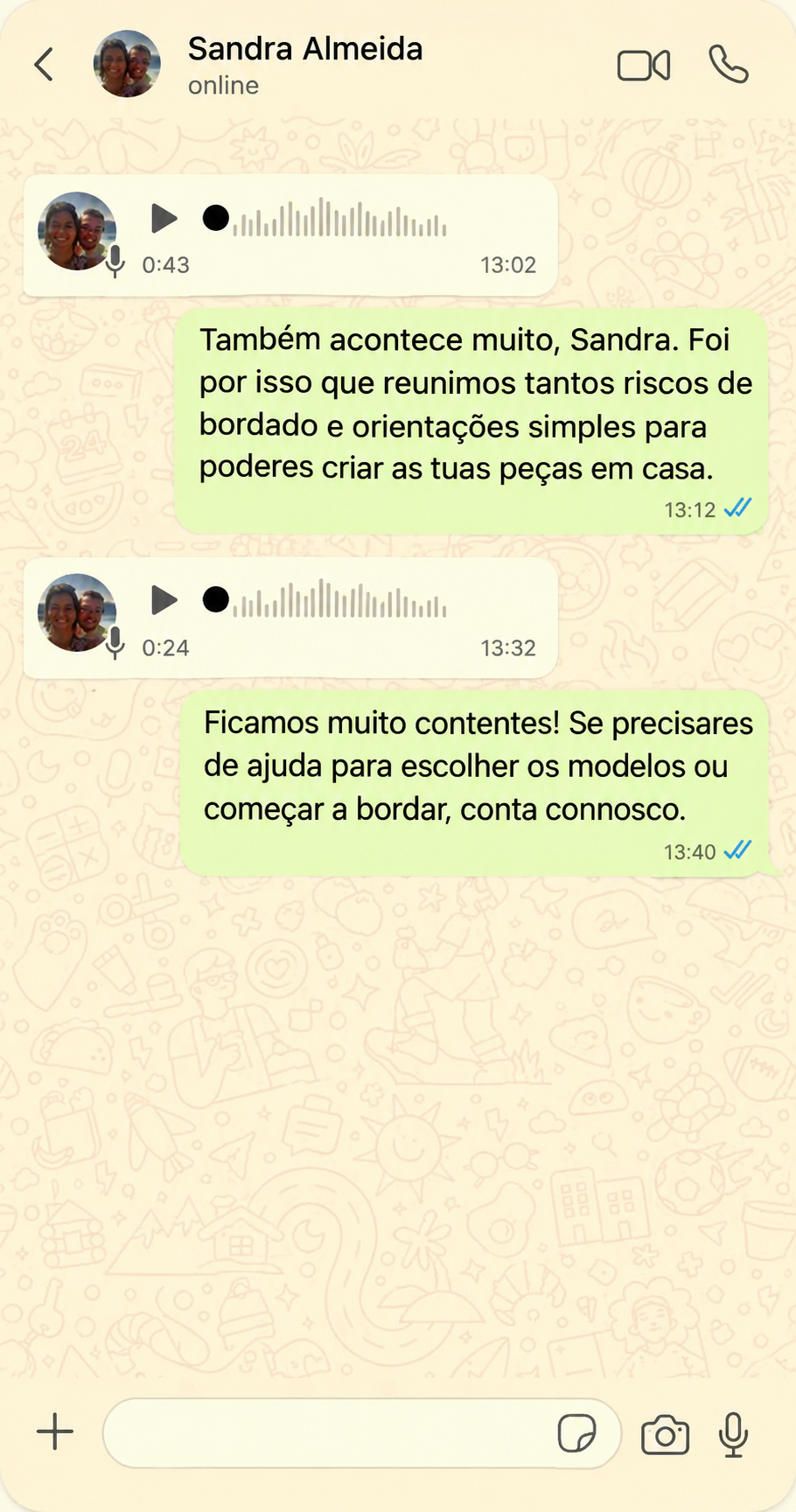 Captura de ecrã de conversa no WhatsApp com uma compradora do borda&cria