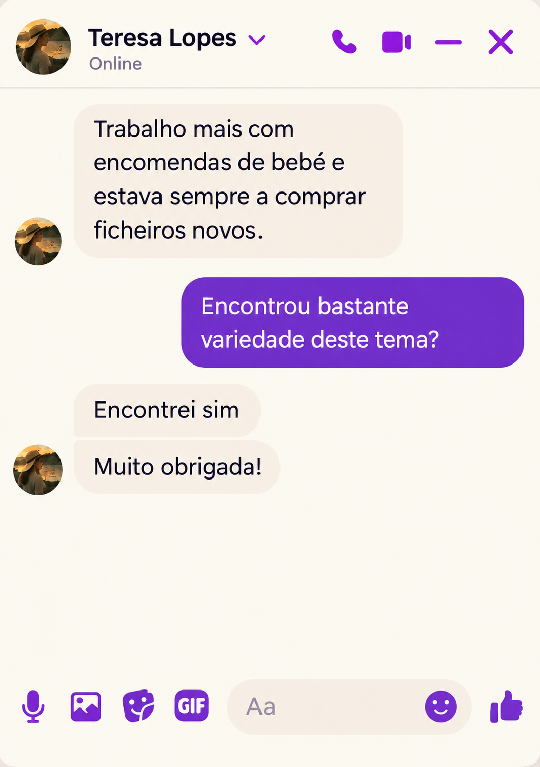 Captura de ecrã de conversa no Messenger com uma compradora do borda&cria