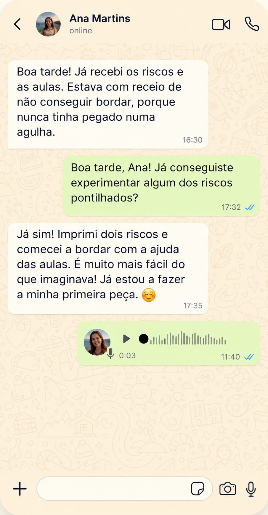 Captura de ecrã de conversa no WhatsApp com uma compradora do borda&cria