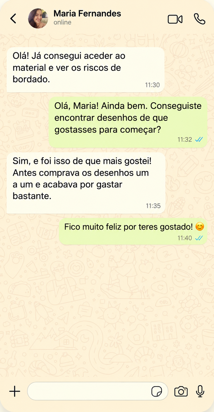 Captura de ecrã de conversa no WhatsApp com uma compradora do borda&cria