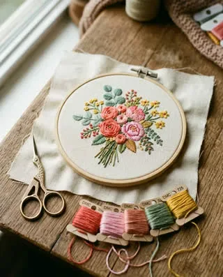 Ramo de flores bordado em bastidor
